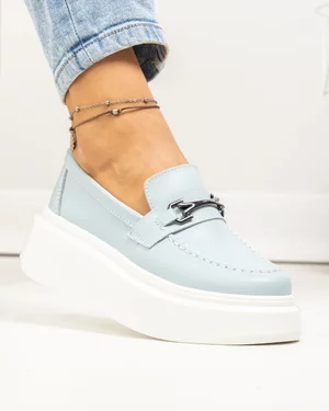 Pantofi casual dama piele naturala albastru deschis cu inchidere slip-on T-5906