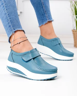 Pantofi casual dama piele naturala albastru jeans cu inchidere scai PL-58