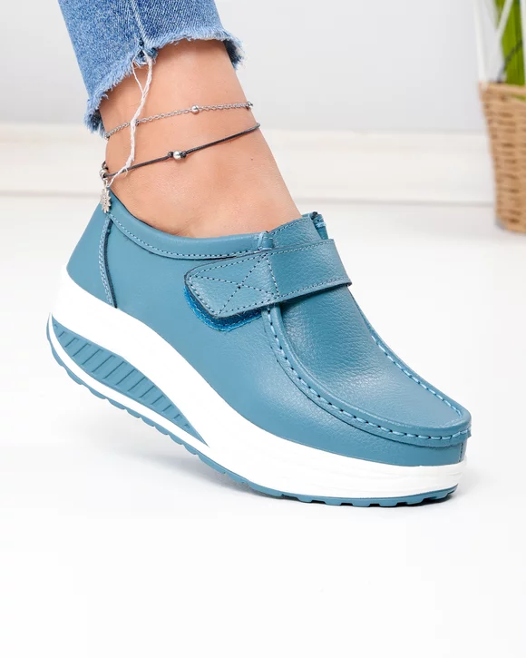 Pantofi casual dama piele naturala albastru jeans cu inchidere scai PL-58