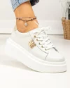 Pantofi casual dama piele naturala albi cu aplicatie metalica si inchidere sireturi T-8808 3