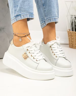 Pantofi casual dama piele naturala albi cu aplicatie metalica si inchidere sireturi T-8808