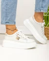 Pantofi casual dama piele naturala albi cu aplicatie metalica si inchidere sireturi T-8808 5
