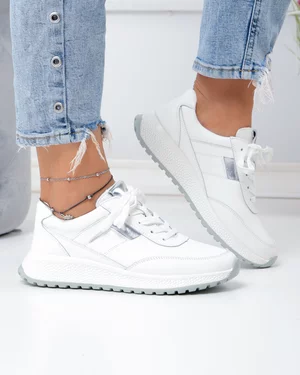Pantofi casual dama piele naturala albi cu argintiu F001-973