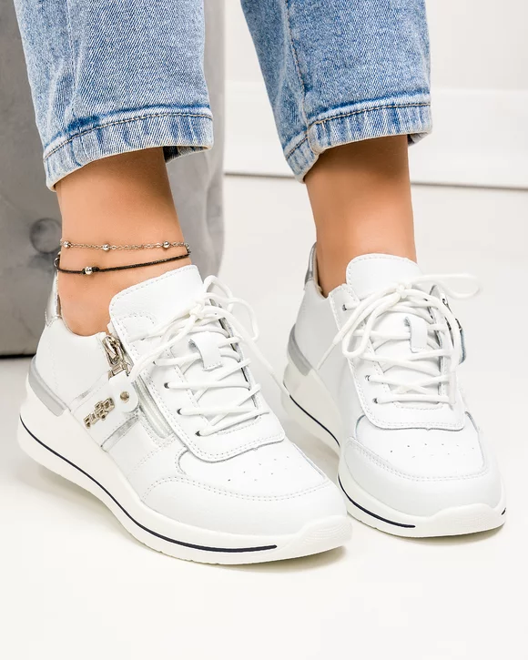 Pantofi casual dama piele naturala albi cu argintiu si fermoar lateral 6083