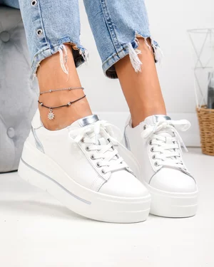 Pantofi casual dama piele naturala albi cu argintiu si talpa groasa F002-437