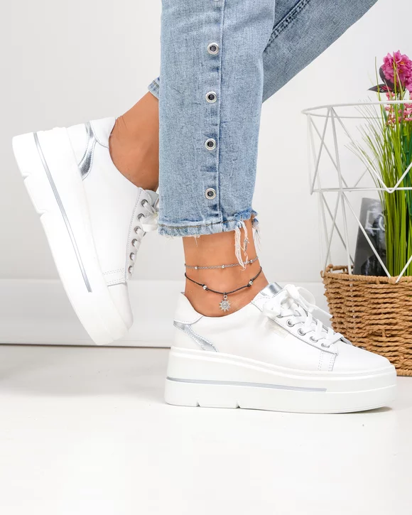 Pantofi Casual - Pantofi casual dama piele naturala albi cu argintiu si talpa groasa F002-437