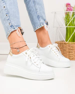 Pantofi Casual - Pantofi casual dama piele naturala albi cu auriu si inchidere sireturi PC206