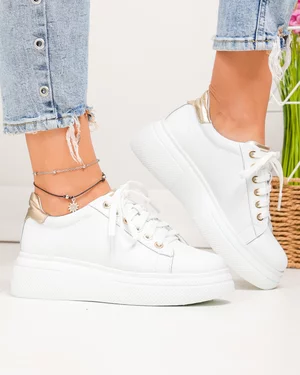 Pantofi casual dama piele naturala albi cu auriu si inchidere sireturi PC206