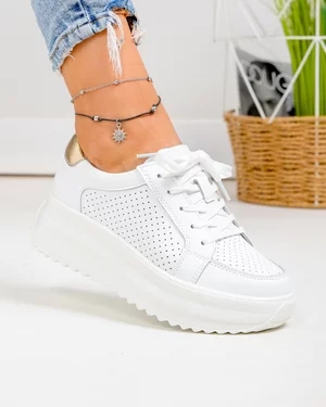 Incaltaminte Dama - Pantofi casual dama piele naturala albi cu auriu si talpa groasa T-2008