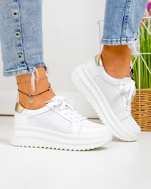 Pantofi casual dama piele naturala albi cu auriu si talpa groasa T-2008