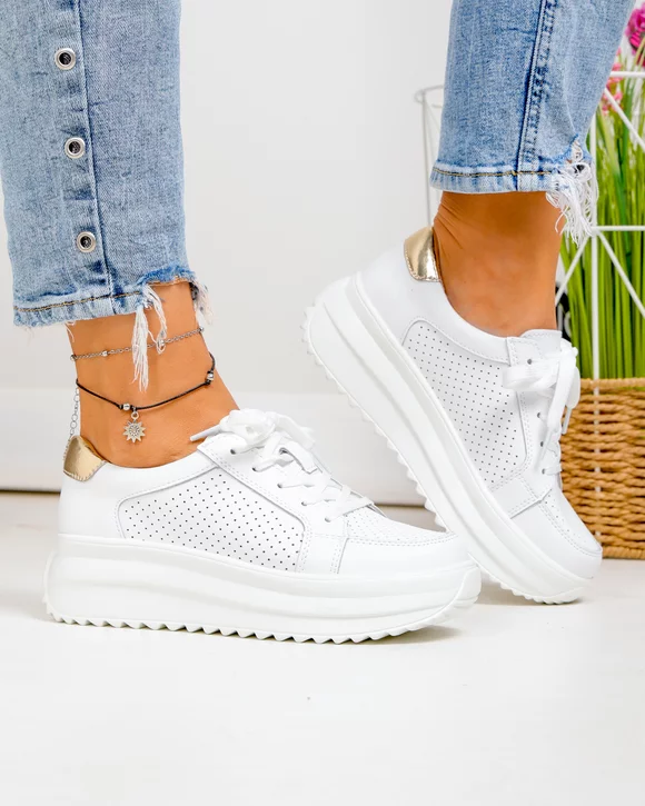 Pantofi casual dama piele naturala albi cu auriu si talpa groasa T-2008