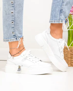 Pantofi Casual - Pantofi casual dama piele naturala albi cu detaliu aplicat pe talpa si inchidere sireturi JY6821