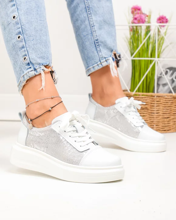 Pantofi casual dama piele naturala albi cu gri si model lucios T7019