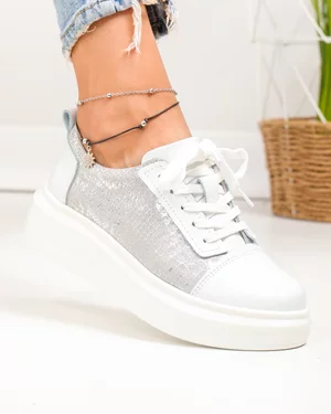 Pantofi casual dama piele naturala albi cu gri si model lucios T7019