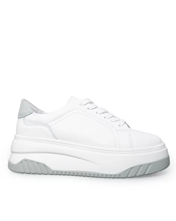 Pantofi casual dama piele naturala albi cu gri si talpa groasa F001-657