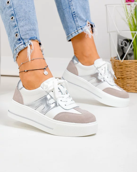 Pantofi casual dama piele naturala albi cu gri T-8076