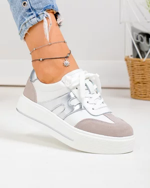 Pantofi casual dama piele naturala albi cu gri T-8076