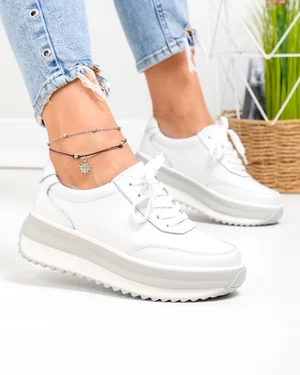 Pantofi casual dama piele naturala albi cu gri T6052