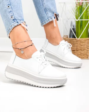Pantofi casual dama piele naturala albi cu gri T6055