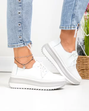 Pantofi casual dama piele naturala albi cu gri T6055