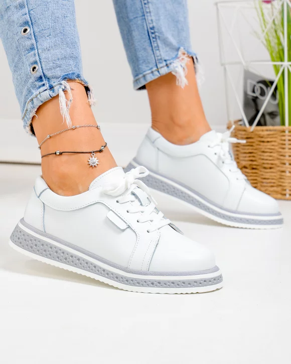 Pantofi Casual - Pantofi casual dama piele naturala albi cu gri T6099