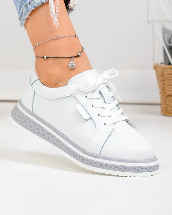 Pantofi casual dama piele naturala albi cu gri T6099