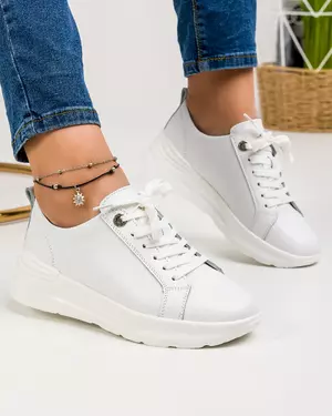 Pantofi casual dama piele naturala albi cu inchidere siret AW2023-21