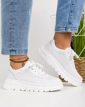 Pantofi casual dama piele naturala albi cu inchidere siret si cusatura decorativa AW469