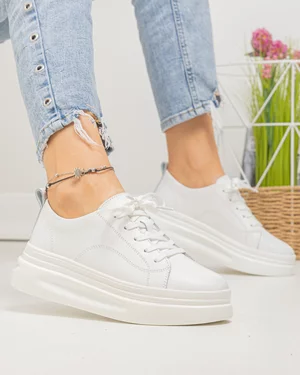 Pantofi casual dama piele naturala albi cu inchidere sireturi AW2023-26