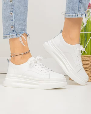 Pantofi casual dama piele naturala albi cu inchidere sireturi AW2023-26