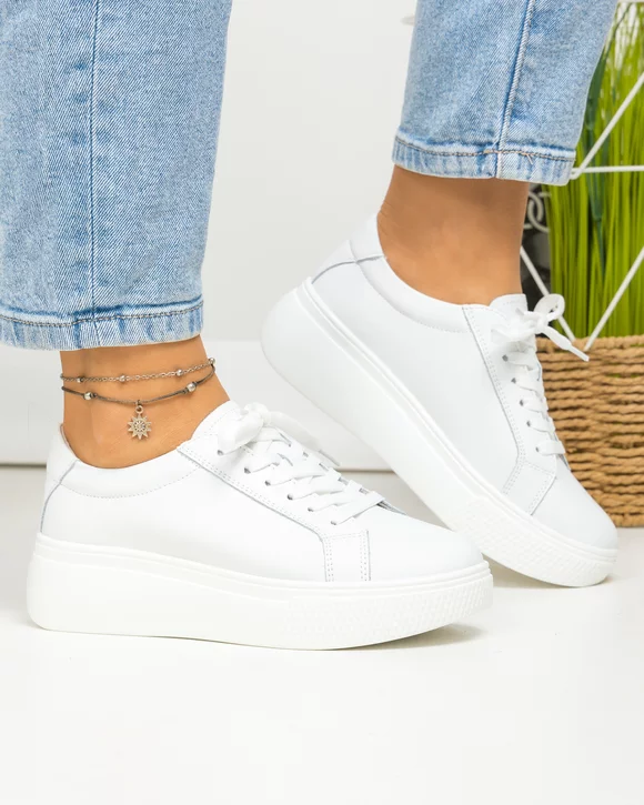 Pantofi casual dama piele naturala albi cu inchidere sireturi F001-773