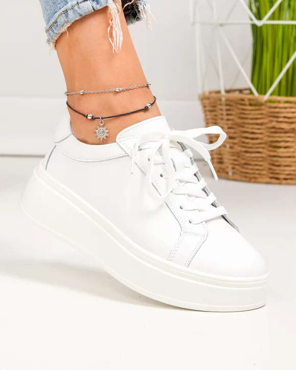 Pantofi Casual - Pantofi casual dama piele naturala albi cu inchidere sireturi F001-872
