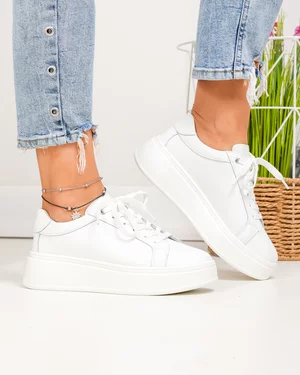 Pantofi casual dama piele naturala albi cu inchidere sireturi F001-872