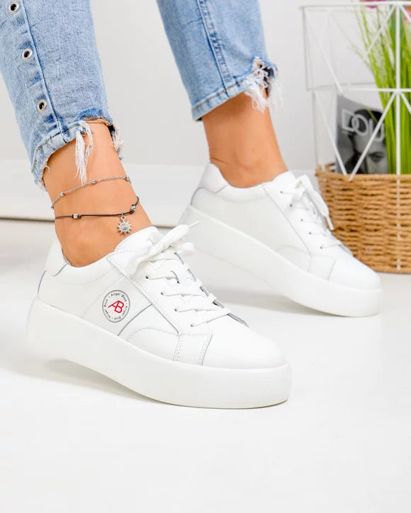 Pantofi casual dama piele naturala albi cu inchidere sireturi F001-879