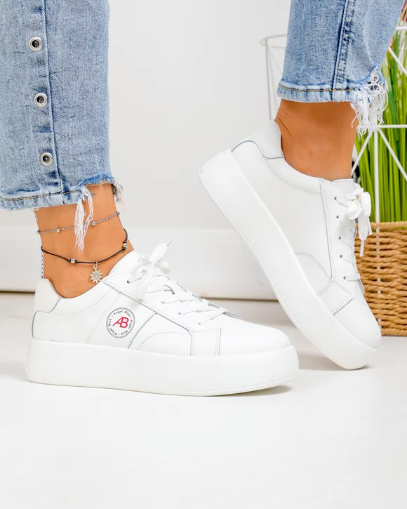 Pantofi casual dama piele naturala albi cu inchidere sireturi F001-879