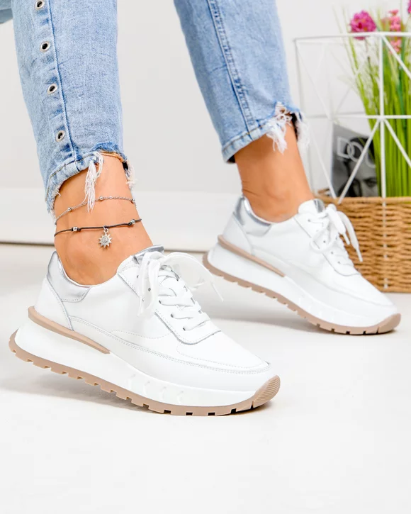 Pantofi casual dama piele naturala albi cu inchidere sireturi F001-892