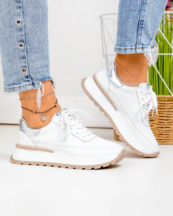 Pantofi Casual - Pantofi casual dama piele naturala albi cu inchidere sireturi F001-892