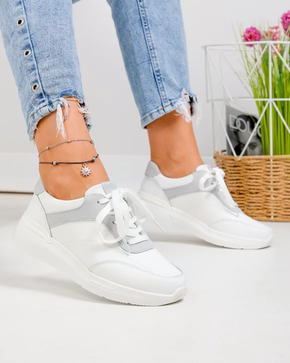 Pantofi casual dama piele naturala albi cu inchidere sireturi F001-948
