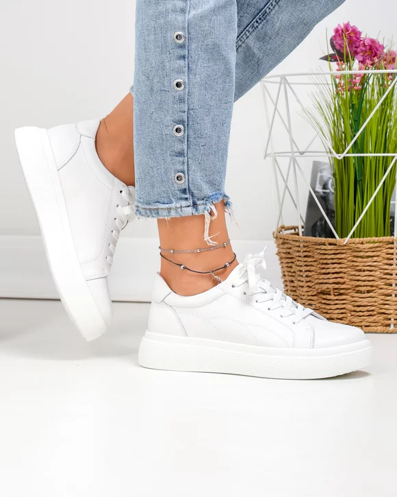Pantofi Casual - Pantofi casual dama piele naturala albi cu inchidere sireturi F002-408