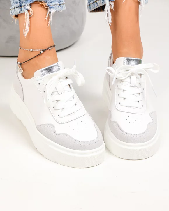 Pantofi casual dama piele naturala albi cu inchidere sireturi F002-459