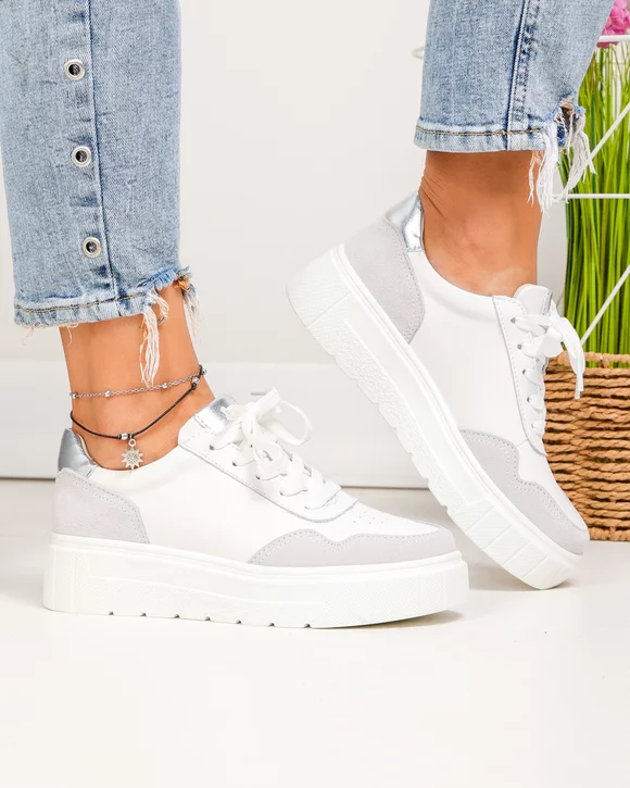 Pantofi casual dama piele naturala albi cu inchidere sireturi F002-459