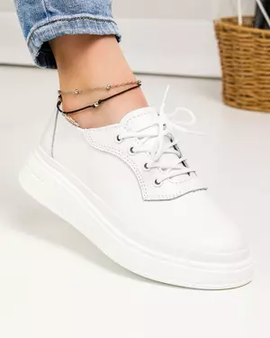Pantofi casual dama piele naturala albi cu inchidere sireturi JY3281