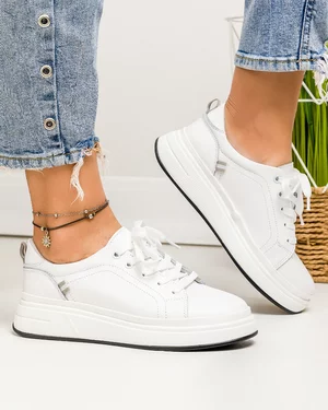 Pantofi casual dama piele naturala albi cu inchidere sireturi JY3285