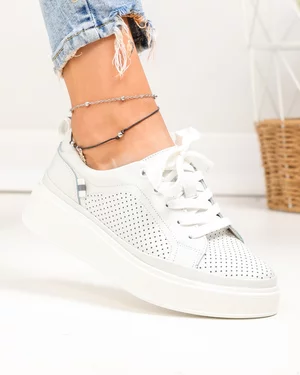 Pantofi casual dama piele naturala albi cu inchidere sireturi JY3285