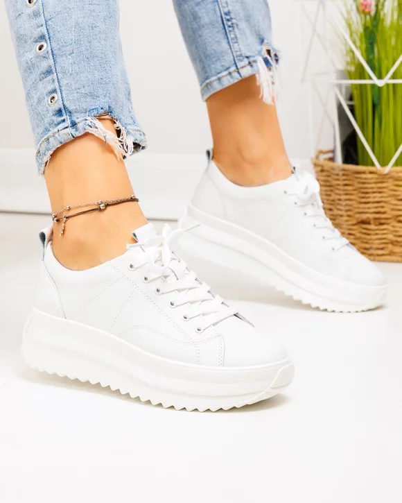 Pantofi casual dama piele naturala albi cu inchidere sireturi si cusaturi decorative F001-750