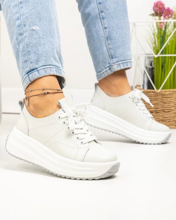 Pantofi casual dama piele naturala albi cu inchidere sireturi si cusaturi decorative T3094