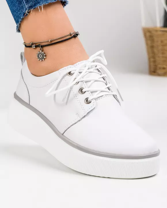 Pantofi casual dama piele naturala albi cu inchidere sireturi si talpa groasa T-3089