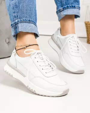Pantofi casual dama piele naturala albi cu inchidere sireturi T-5103
