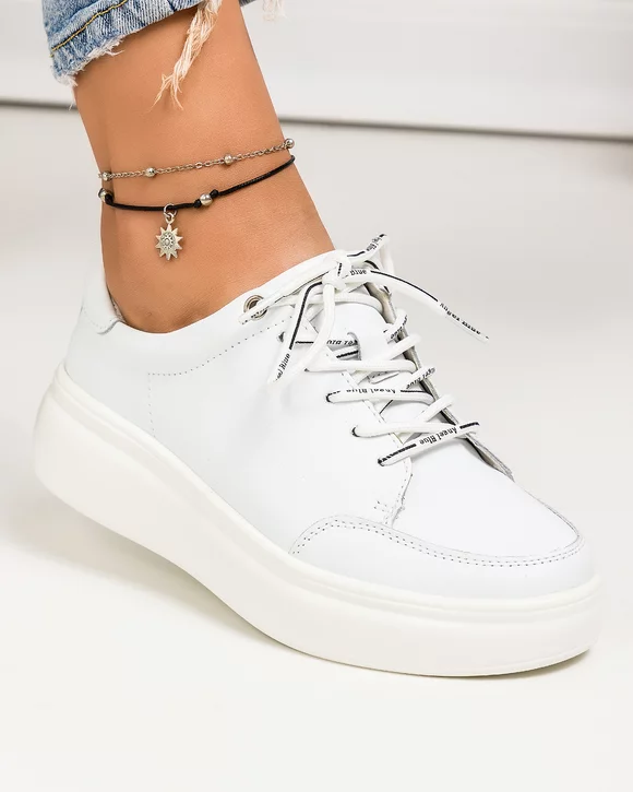 Pantofi casual dama piele naturala albi cu inchidere sireturi T-5104