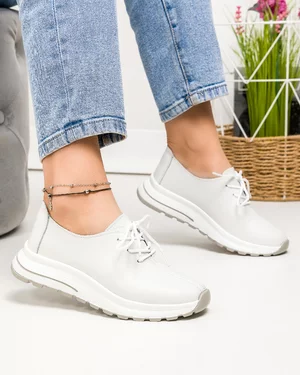 Pantofi casual dama piele naturala albi cu inchidere sireturi T-5931